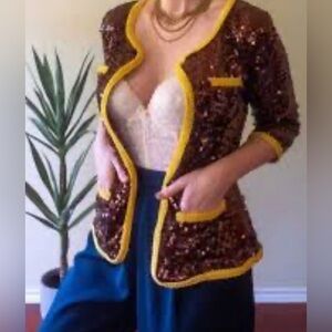 NWT IMAN GLOBAL CHIC Brown Sequined Sparkly Blazer W/Yellow Women’s XL